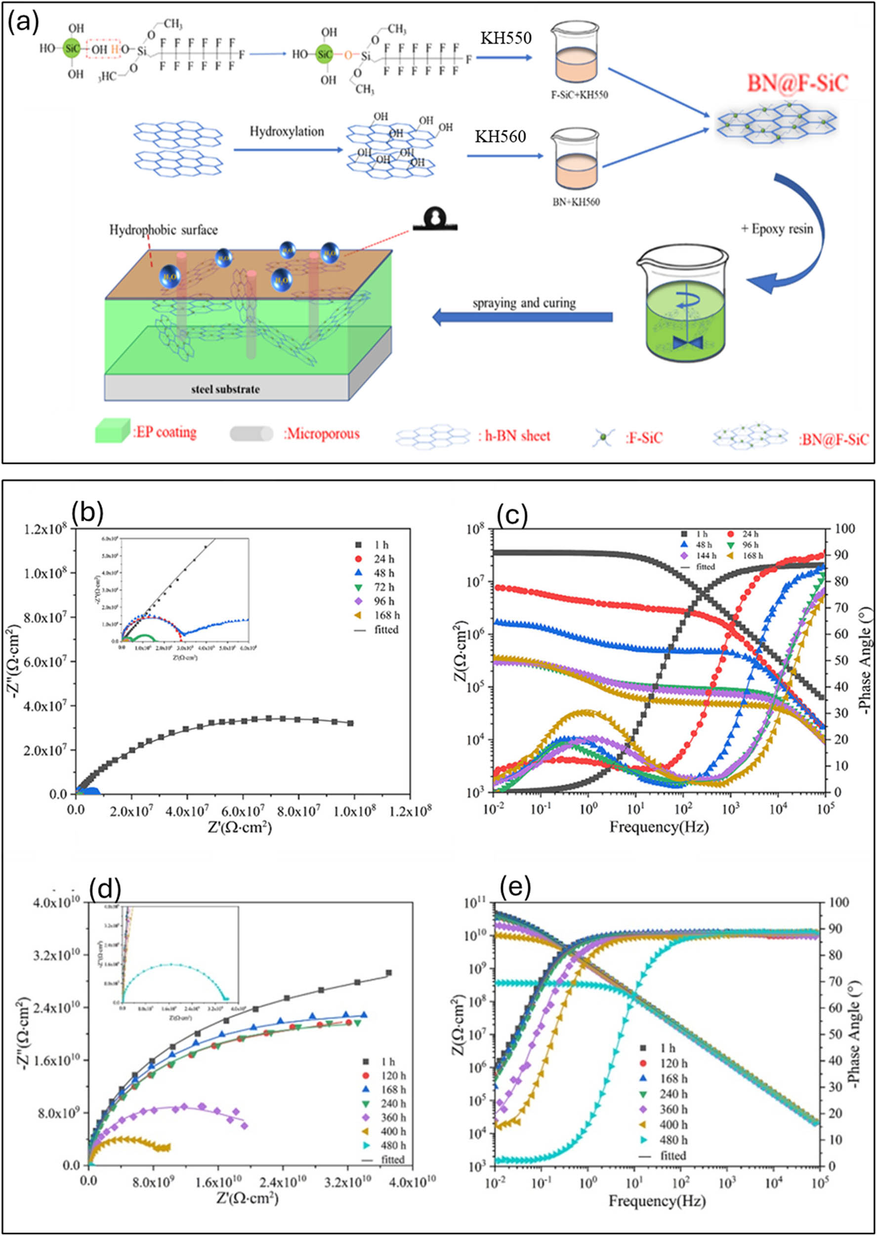 Figure 11 
                  (a) Schematic presentation of preparing a composite coating, the Nyquist and Bode diagrams of (b and c) pure BN and (d and e) BN@F-SiC (2:1)/EP soaked in 3.5% NaCl for different times [100].
               