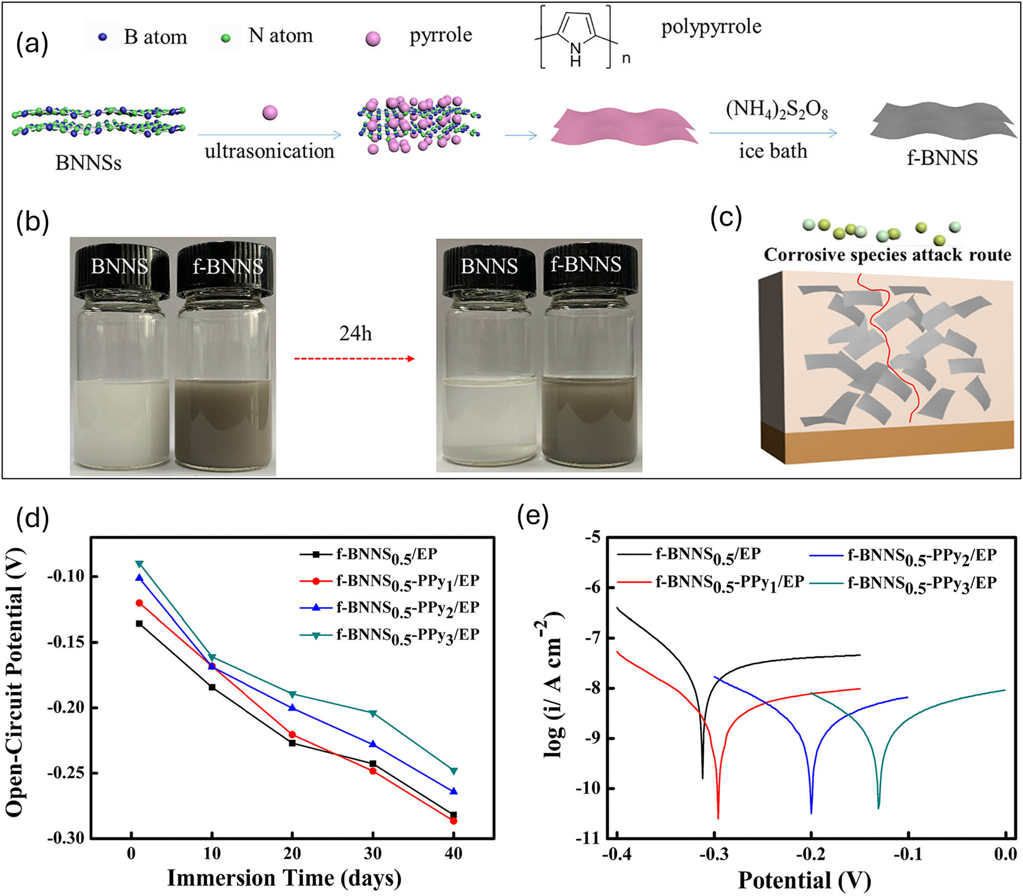 Figure 13 
                  (a) A schematic diagram that shows the in situ functionalization of BNNS with polypyrrole, (b) pictures that show the dispersions of f-BNNS and as-exfoliated BNNS in ethanol, (c) an example of composite coatings’ ability to resist corrosion, (d) OCP, and (e) potentiodynamic polarization of substrate coated with f-BNNS0.5/EP, f-BNNS0.5-PPy1/EP, f-BNNS0.5-PPy2/EP, and f-BNNS0.5-PPy3/EP coatings [29].
               