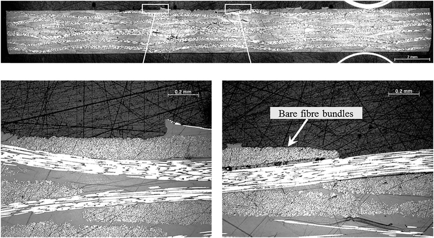 Figure 73 
               The micrographic cross-sections of spot-welded joint of CF/PEEK after DLS tests. The scale bar for 2 mm is presented in the top figure. The below images are the magnification of the parts in the white boxes of the top one [72].
            