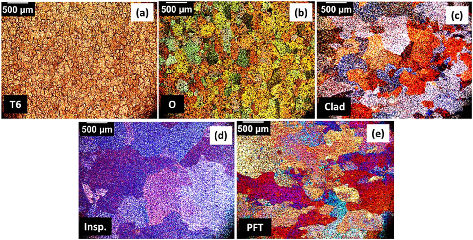 Figure 13 
                  Microstructural characteristics of alloy 6061 are depicted in optical micrographs, showcasing the grain morphology: (a) Al 606-T6 tempered, (b) Al 6061-O annealed, (c) Al 6061-clad), (d) Al 6061-Insp, and (e) Al 6061-final PFT [49].
               