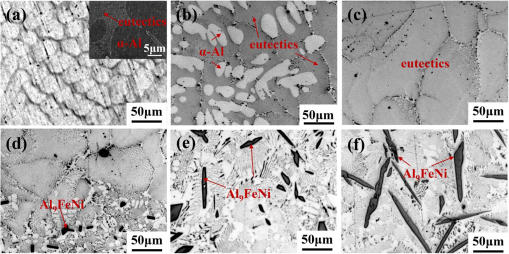 Figure 20 
                  OM images of (a) Al–0.7Fe–0.5Ni, (b) Al–1.4Fe–1.0Ni, (c) Al–1.75Fe–1.25Ni, (d) Al–2.1Fe–1.0Ni, (e) Al–2.8Fe–2.0Ni alloy, and (f) Al–3.5Fe–2.5Ni [61].
               