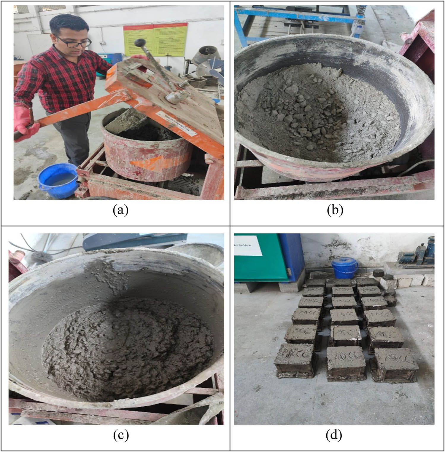 Figure 3
Stages of concrete preparation: From dry mixing to specimen formation. (a) Pan mixer for concrete mixing. (b) Dry mixing of ingredients. (c) Concrete after the addition of water. (d) Concrete mix specimens.