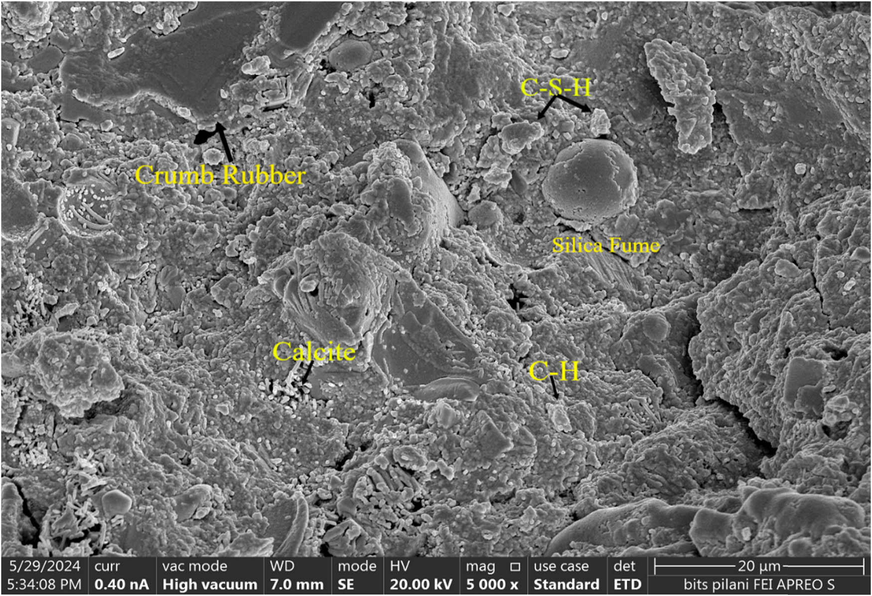 Figure 12
FESEM micrographs of Rubberized mix (R10S5M10F15) at 5,000× magnification.