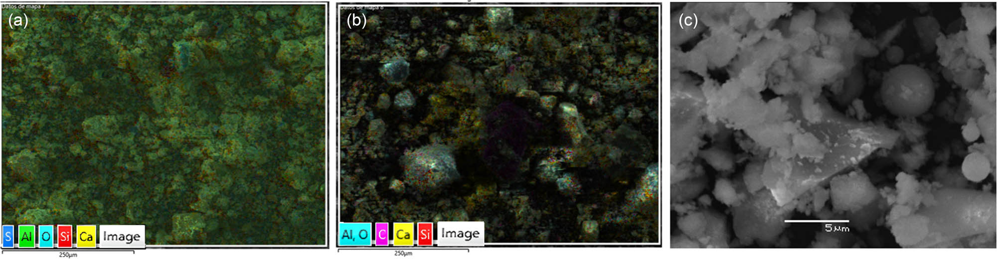 Figure 3
SEM of pozzolanic cement: (a and b) scale of 250 μm (mapping), and (c) scale of 5 μm.