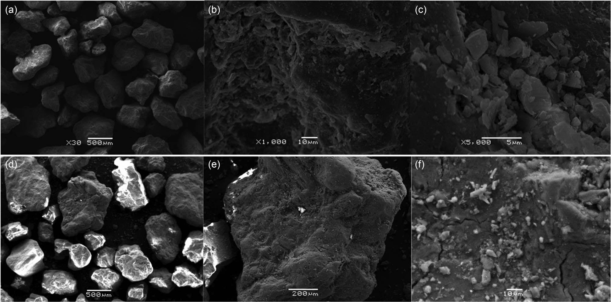 Figure 6
SEM of fine and coarse aggregate. Fine – (a)–(c): scale of 500, 10, and 5 μm, respectively. Coarse – (d)–(f): scale of 500, 200, and 10 μm, respectively.