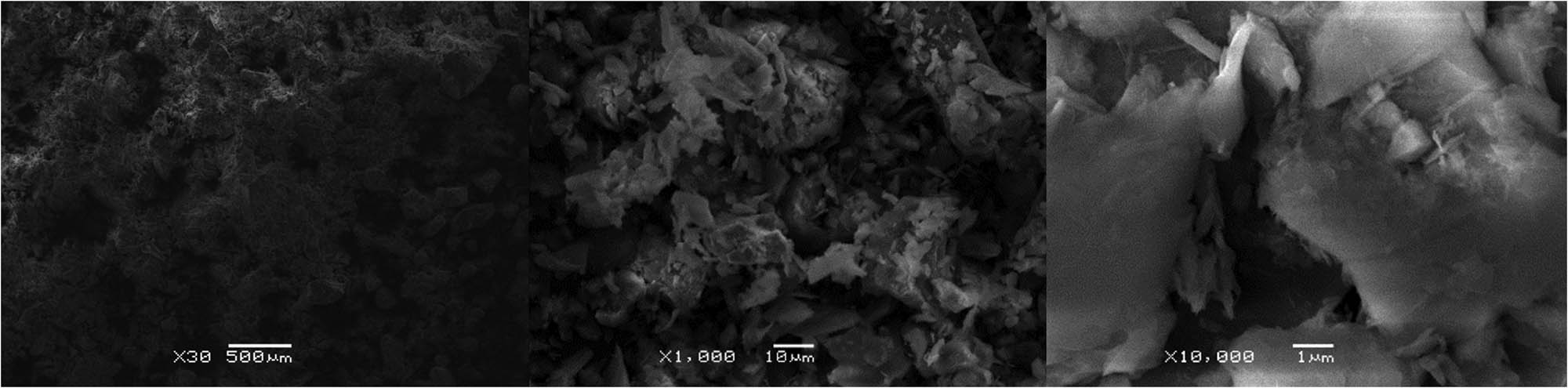 Figure 9
SEM with EDS of copper tailings. (a)–(c): Scale of 500, 10, and 1 μm, respectively.