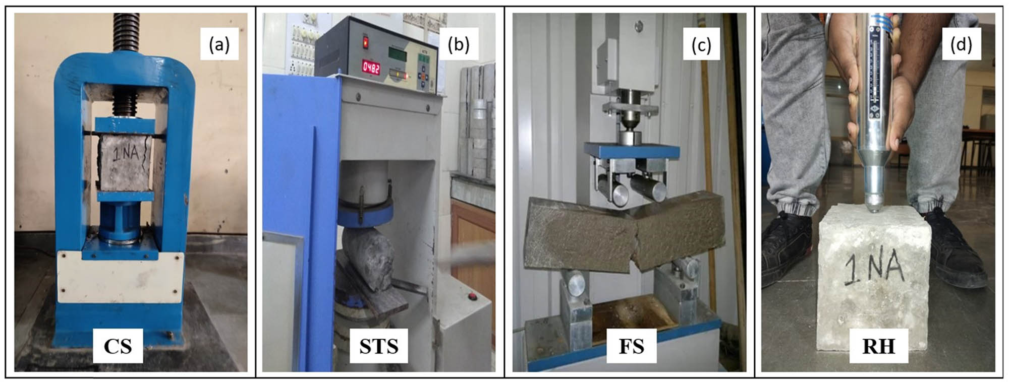Figure 2
Setup for (a) CS, (b) STS, (c) four-point FS and (d) RH test in the laboratory.