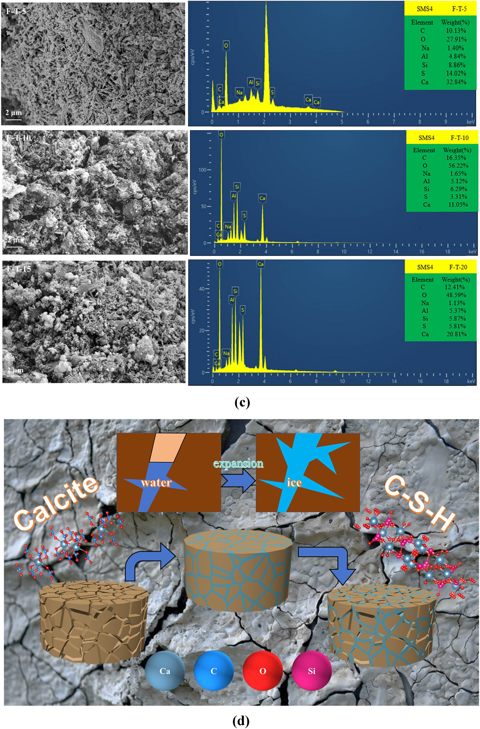 Figure 6
Mineral, microstructure, and F-T failure mechanism analysis of SMS4 sample: (a) XRD atlas, (b) FTIR atlas, and (c) SEM micromorphology and EDS distribution map total spectrum. (d) Model of F-T failure mechanism.