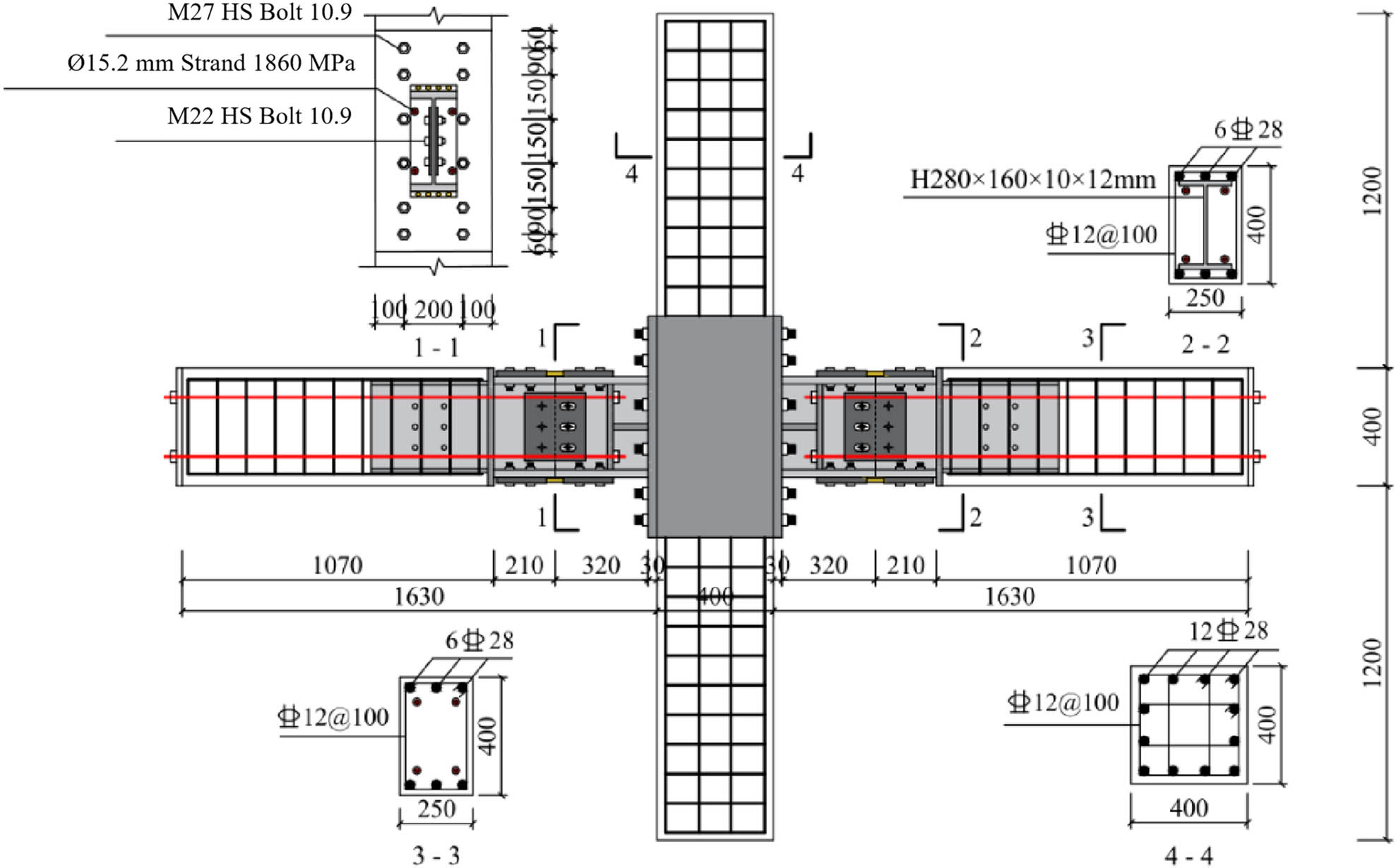 Figure 2 
                  Dimensional and reinforcement details of the PSC joint.
               