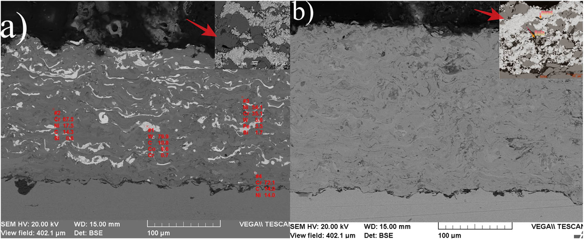 Figure 2
SEM micrographs of the cross-section of (a) sample z1 and (b) sample z7.