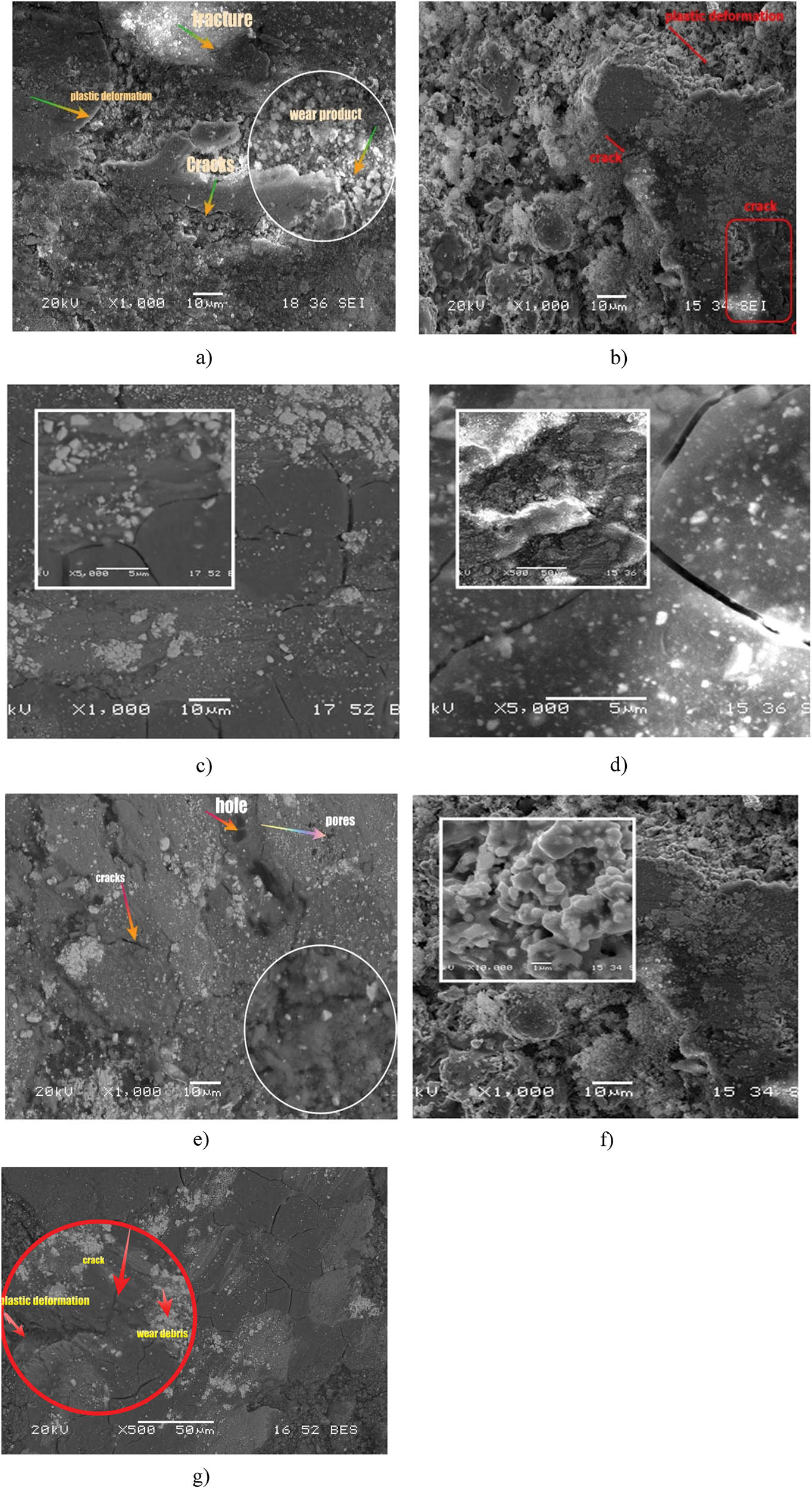 Figure 8
SEM images of the worn surface of samples (a) z1, (b) z3, (c) z4, (d) z7, (e) z8, (f) z9, and (g) z10.