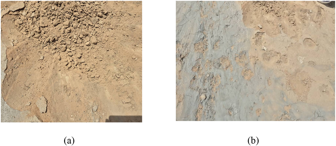 Figure 1:
Wadi Gyada Al-Kharj fine aggregate sampling site and deposits. (a) Representative view of the Wadi Gyada Al-Kharj sand strata at the sampling/collection location; (b) close-up view of the WGAFA deposit/collected fine aggregate.
