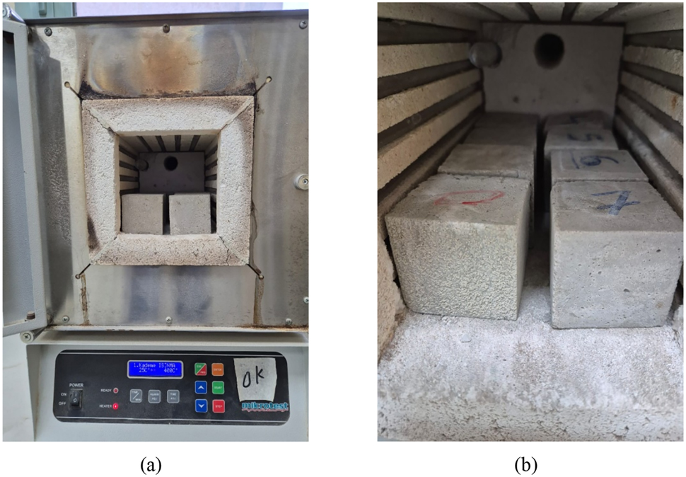 Figure 2:
Thermal exposure setup for post-heating testing of concrete cubes. (a) Furnace chamber showing the concrete cube specimens during thermal exposure; (b) enlarged view of the cube specimens/arrangement.