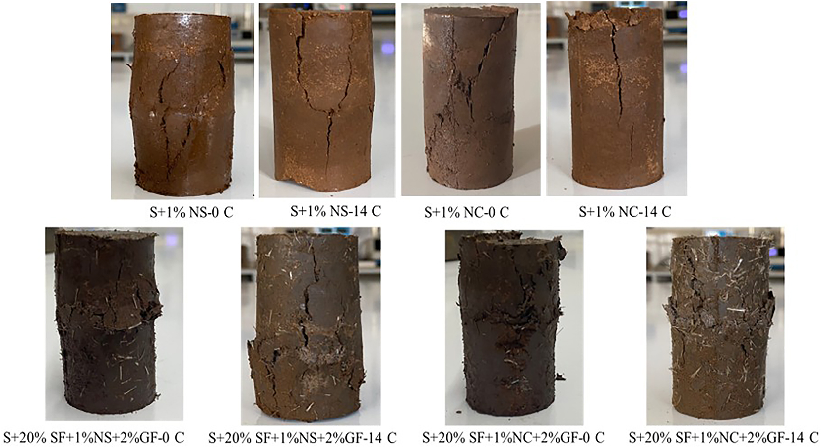 Figure 14: 
Failure patterns of soil specimens with varying ratios of nano SiO2 (NS) and nanoclay (NC).

