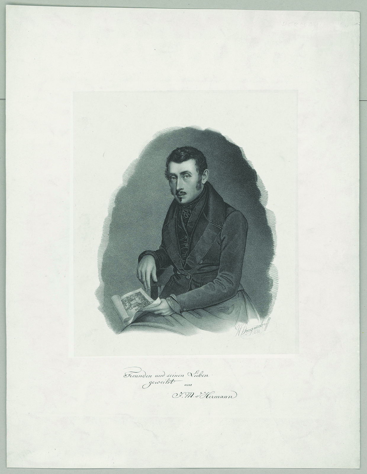 Figure 1: Heinrich Dragendorff: Portrait of Johann Michael von Hermann, 1838, lithography on chine collé, 438 x 336 mm (sheet), Staatliche Graphische Sammlung München, inv. no. 2015:170 D (diffuse light).