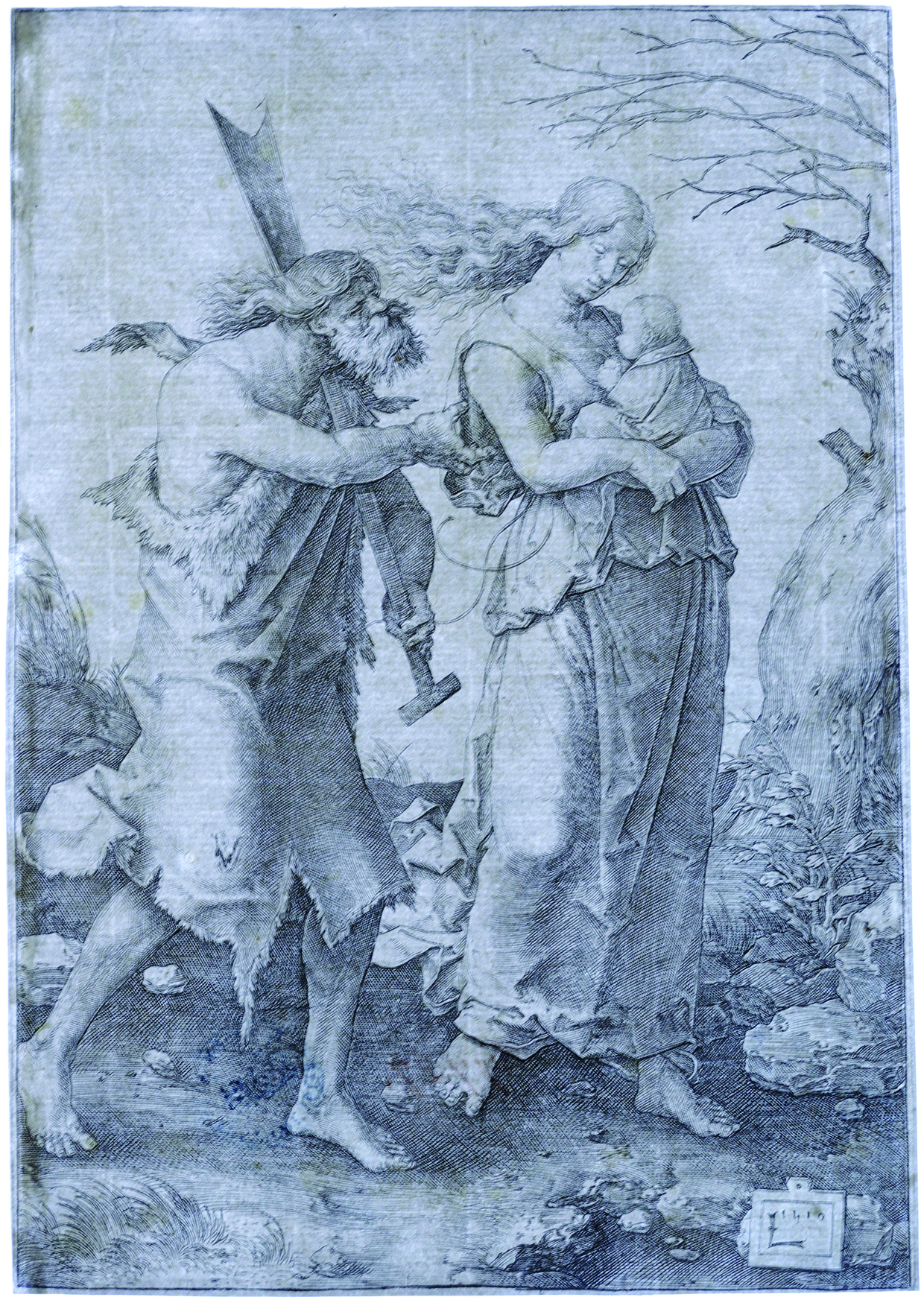 Figure 5: Lucas van Leyden: Adam and Eve with Cain, inv. no. 67727 D, (transmitted light): Overlappings of the mendings along the upper and the lateral margins are not discernable. The darker areas at the upper left margin result from hinging residuals.