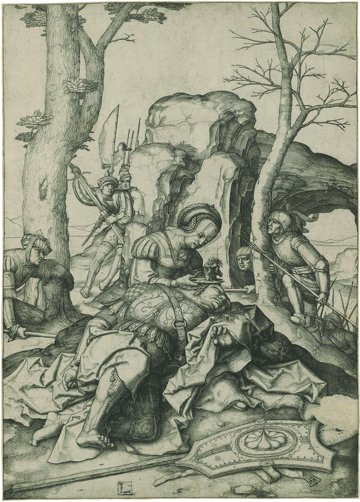 Figure 7: Lucas van Leyden: Samson and Delilah, about 1507, engraving, 283×202 mm (sheet), Staatliche Graphische Sammlung München, inv. no. 67048 D, recto (diffuse light).