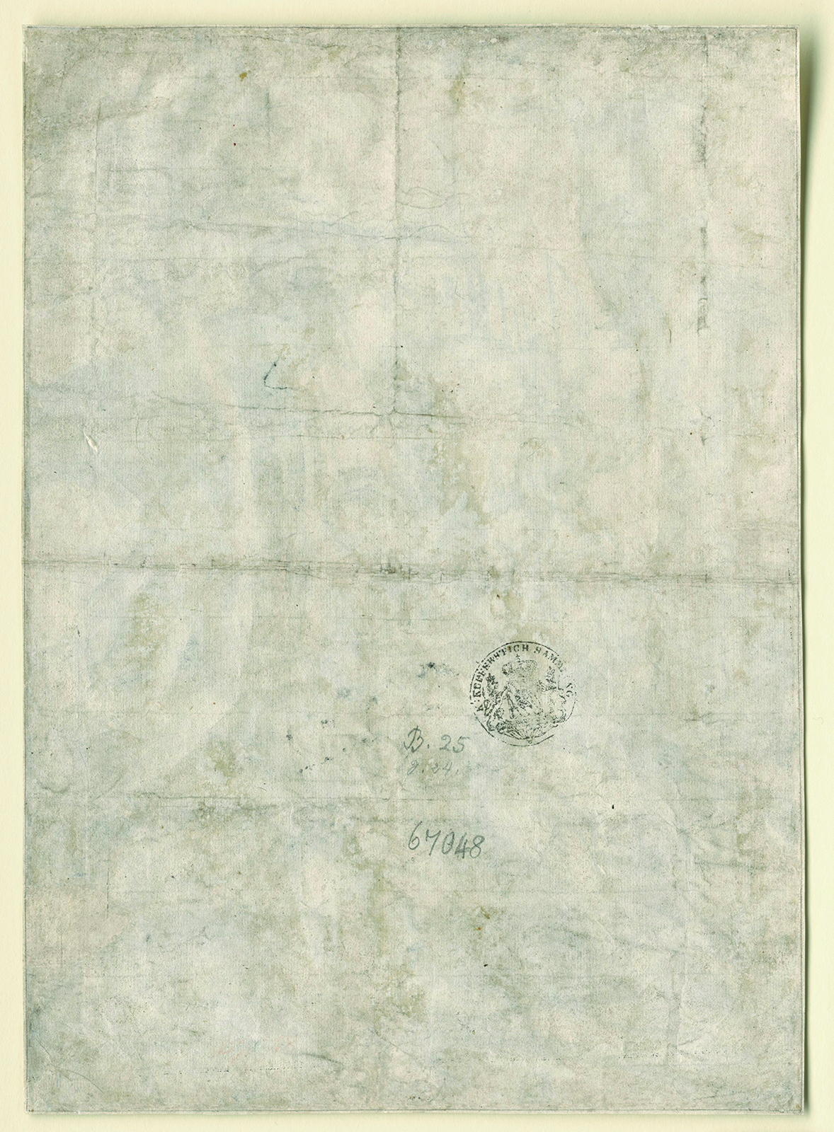 Figure 8: Lucas van Leyden: Samson and Delilah, inv. no. 67048 D, verso (diffuse light): The inlay at the lower left margin is hard to distinguish due to its well-adapted paper colour.