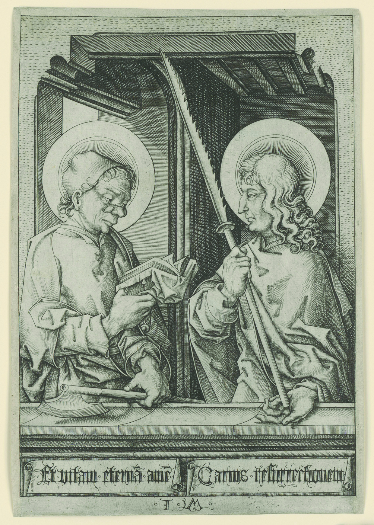 Figure 11: Israhel van Meckenem: The Apostles Matthew and Thaddeus (or Simon?), 15th cent., engraving, 218×150 mm, Staatliche Graphische Sammlung München, inv. no. 96945 D (diffuse light).