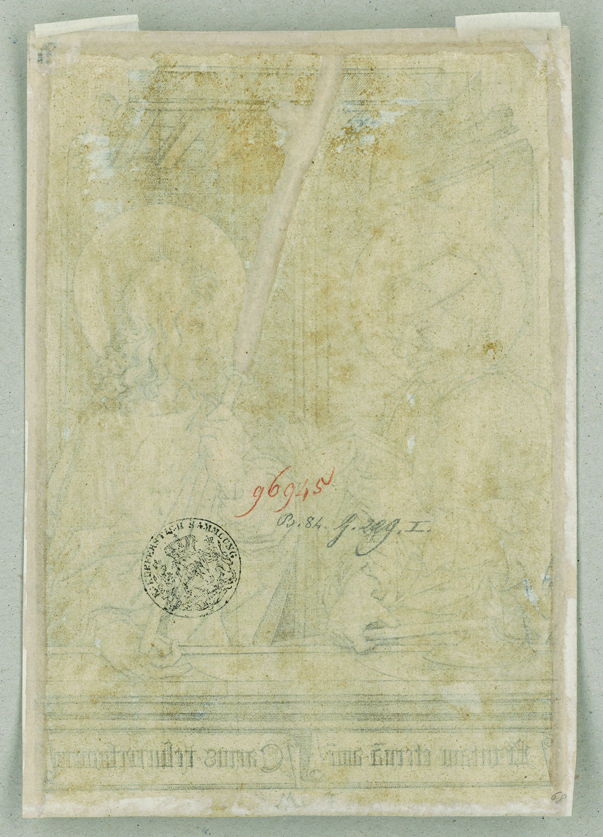 Figure 12: Israhel van Meckenem: The Apostles Matthew and Thaddeus (or Simon?), inv. no. 96945 D, verso (diffuse light): The diagonal mend of the saw is clearly visible. The additional margins were at first – mistakenly – interpreted as hinging residuals.