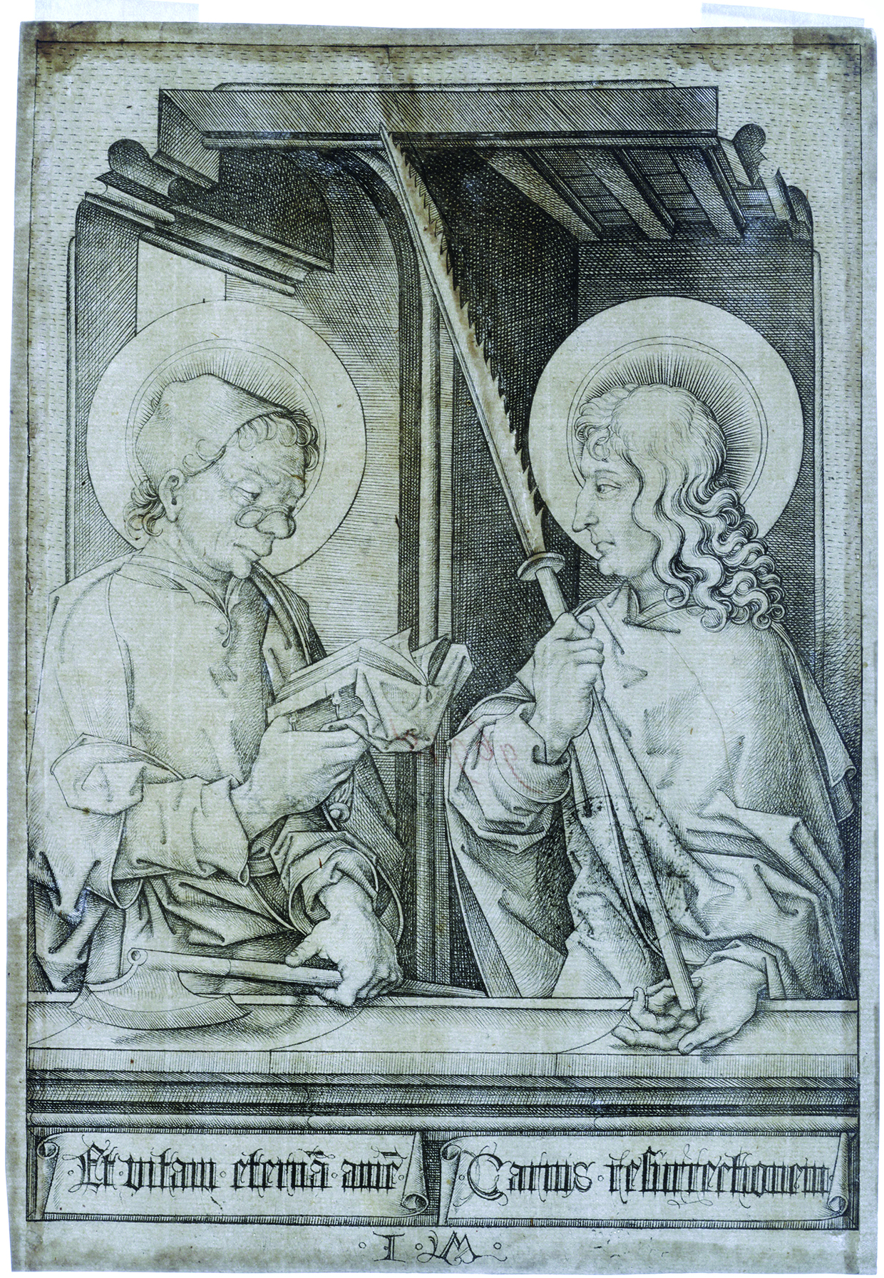 Figure 13: Israhel van Meckenem: The Apostles Matthew and Thaddeus (or Simon?), inv. no. 96945 D (transmitted light): The additions at the upper and both lateral margins are clearly discernable.