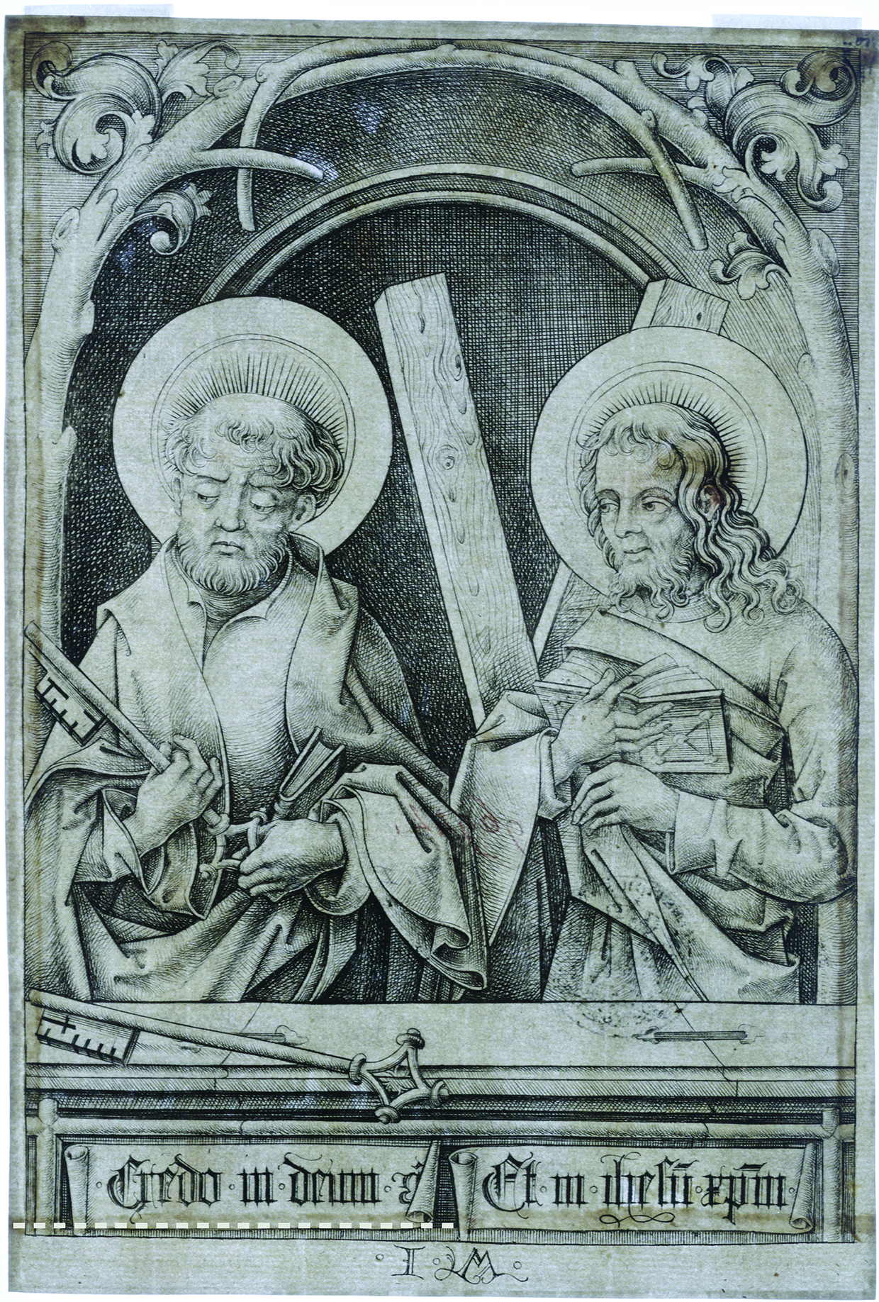 Figure 15: Israhel van Meckenem: The Apostles Peter and Andrew, inv. no. 96944 D, verso, (transmitted light): The additions along all margins are clearly discernable. The dotted line indicates the edge of the original paper.