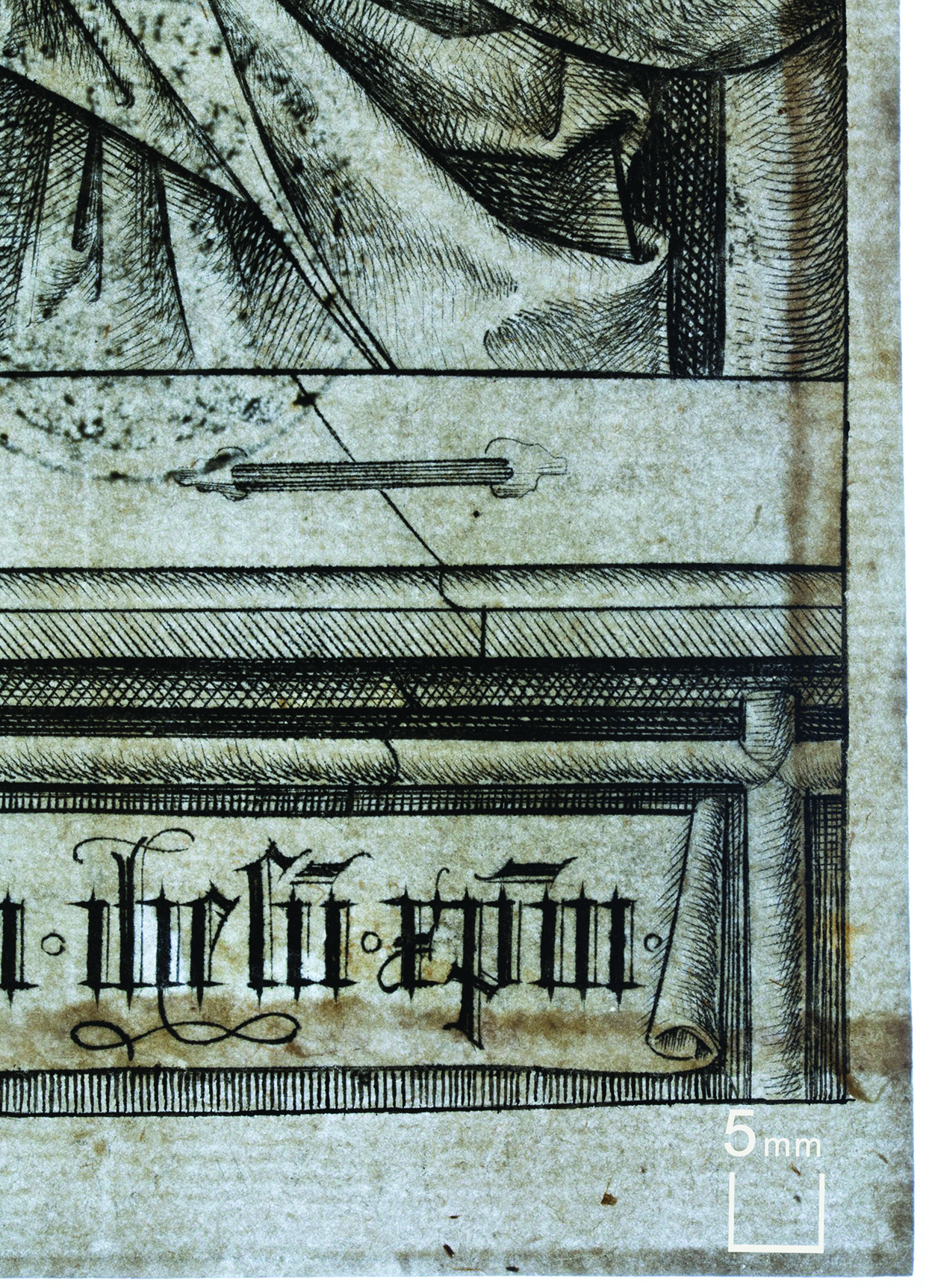 Figure 16: Israhel van Meckenem: The Apostles Peter and Andrew, inv. no. 96944 D, recto, enlarged detail of lower right corner (transmitted light): The overlappings appear darker than the rest of the paper.
