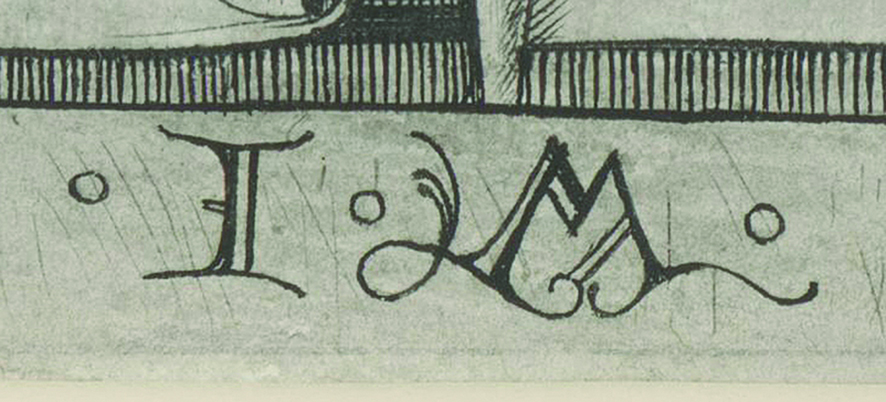 Figure 17: Israhel van Meckenem: Initial IM from the Apostles Peter and Andrew, print of Staatliche Graphische Sammlung München, inv. no. 96944 D (diffuse light): The initials IM and the scratches in the plate are inpainted, imitating those on inv. no. 96945 D (Figure 11).