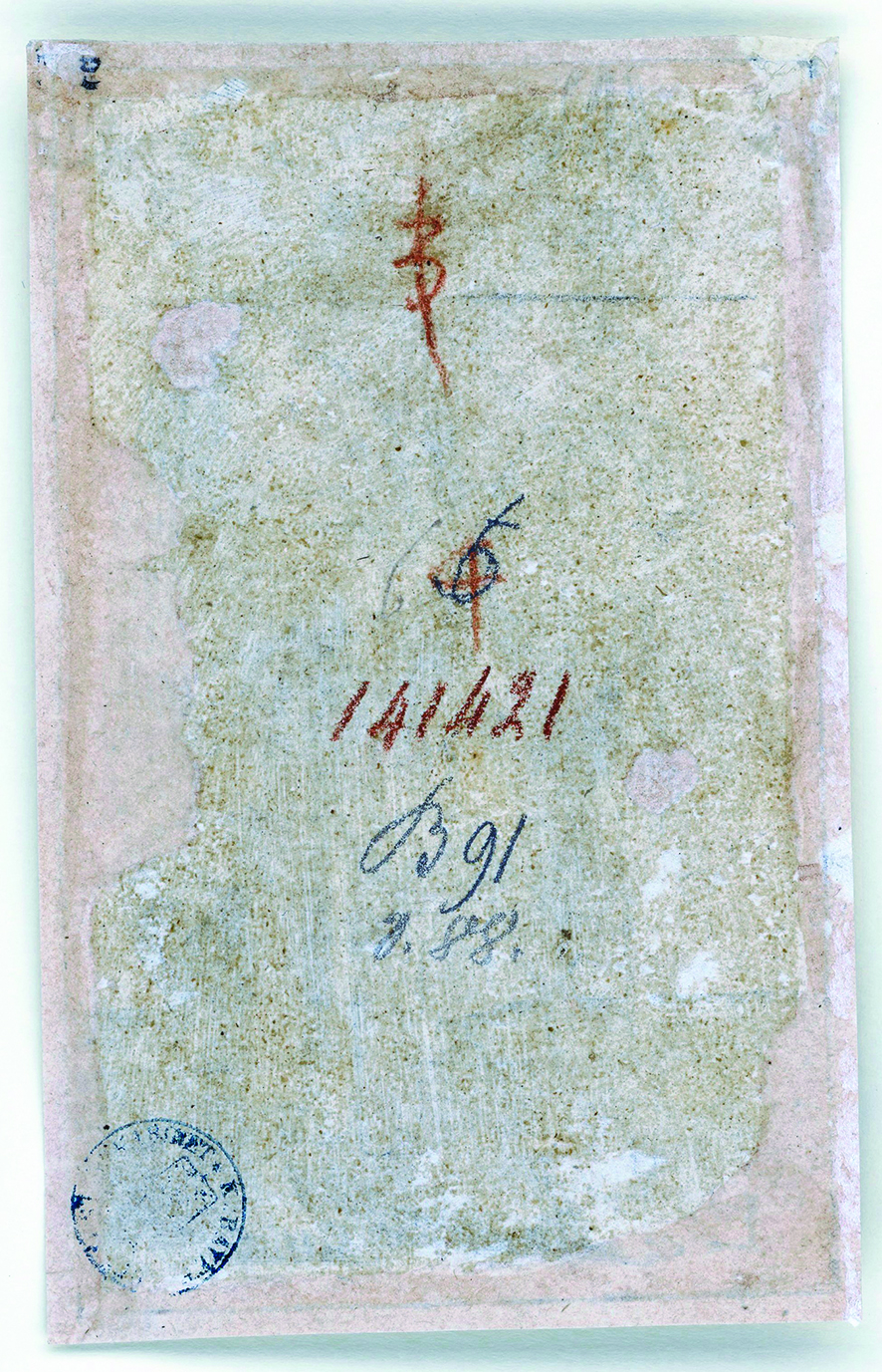 Figure 19: Lucas van Leyden: Saint Peter, c. 1510, engraving, 120 × 76 mm, Staatliche Graphische Sammlung München, inv. no. 141421 D verso (diffuse light): Note the vertical hatching of the imitating paste glaze in the lower part, as well as the diagonal hatching in the upper left of the sheet.