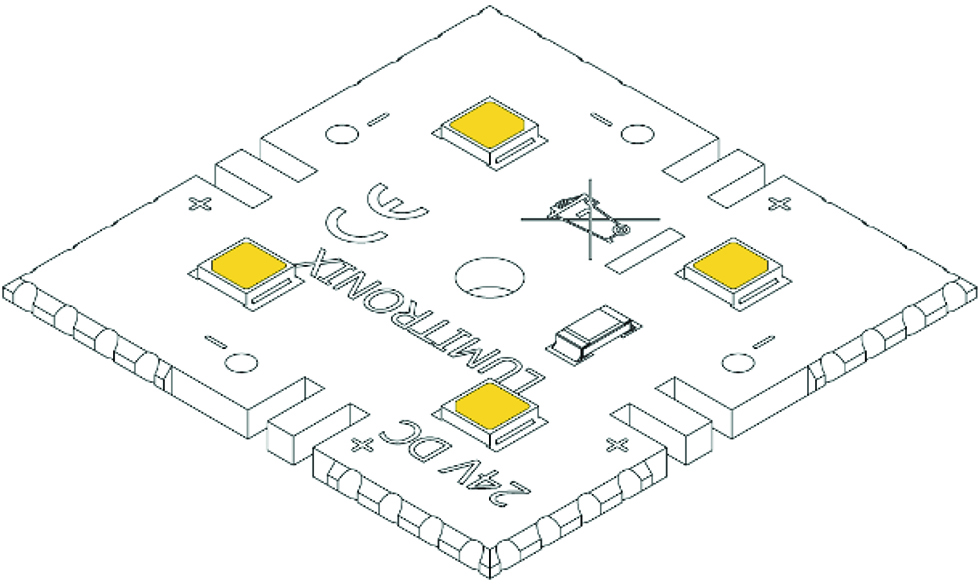 Figure 4: MiniMatrix (MMX) segment. Four LED chips (yellow) are mounted on honeycomb aluminium circuit board with perforated contacts around the outer edges. Additional gaps are added at each side for insertion of connecting bridges (drawing courtesy of LUMITRONIX® LED Technik GmbH, 2017).