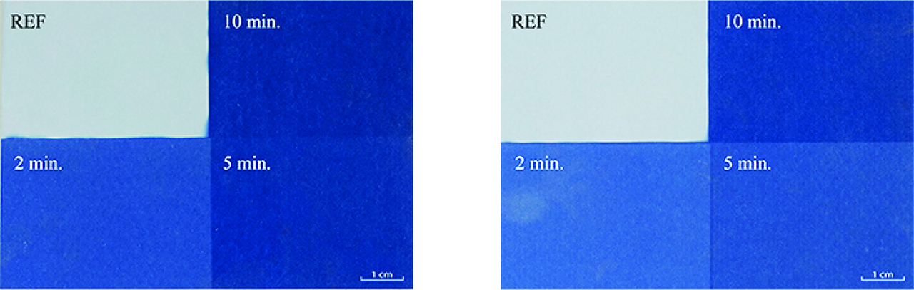 Figure 8: Cyanotype papers (each 7×10 cm) developed after different exposure durations under AVX (left) and MMX (right), to verify homogeneous illuminance at a short distance (10 cm).