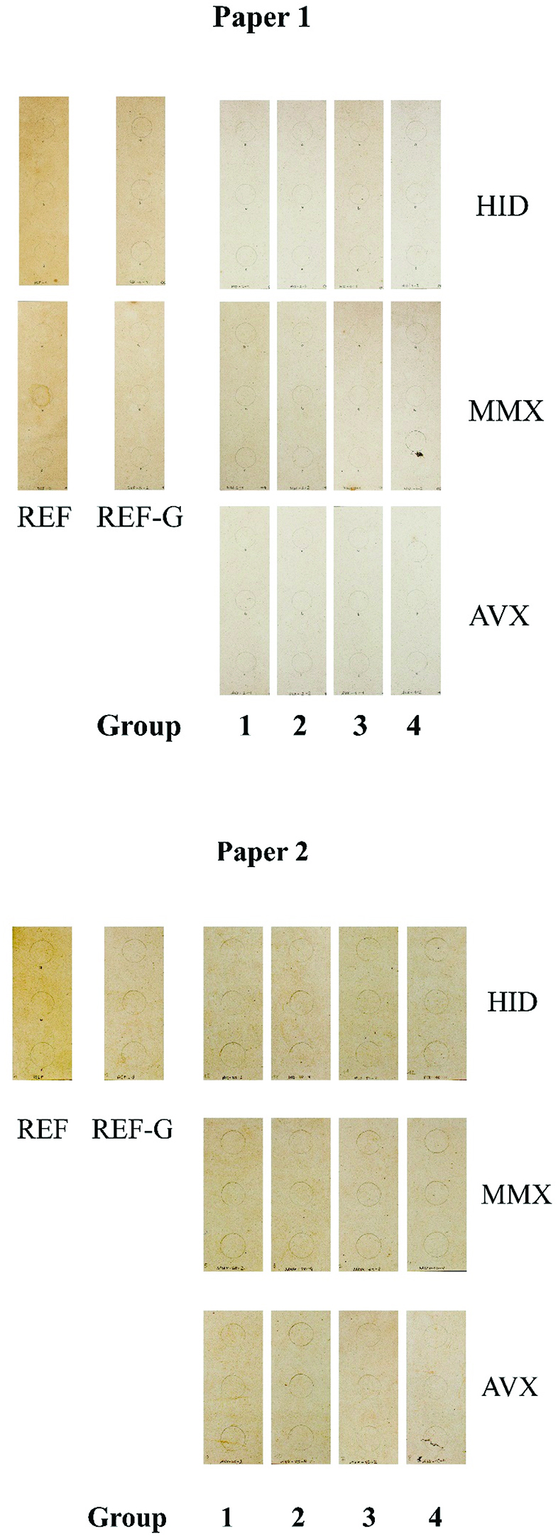 Figure 10: Paper 1 (top) and paper 2 (bottom) after four different bleaching treatments (groups, see Figure 9, treatment ID, see Table 4). Colour measurement spots are marked with pencil.