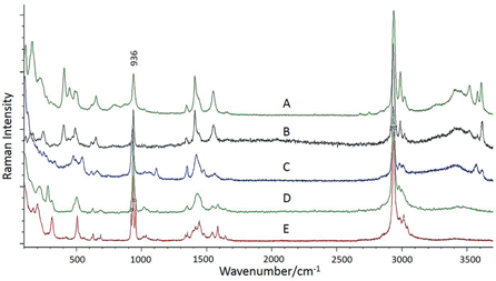 Figure 5: Raman spectra (514 nm excitation) of pigment powder references of basic verdigris: (A) clear-pale green particle in BV1 (Scott recipe #11); (B) green particle and (C) blue particle in basic verdigris 2 (BV2, Scott recipe #8); (D, E) different particles in basic verdigris 3 (BV3, Scott recipe #9). Power at the samples was 0.05–0.6 mW.