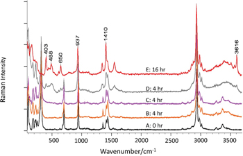Figure 7: Raman spectra (514 nm excitation) of various particles in paint films of neutral verdigris in gum Arabic on Whatman No. 1 filter paper, with artificial aging at 50 °C and 65 %RH for: (A) 0 hours, (B), (C) and (D) 4 hours, and (E) 16 hours, showing changes in spectra with transformation of neutral to BV1. Power at the samples was 0.05–0.6 mW.