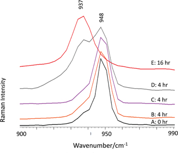 Figure 8: Detail of Figure 7 showing the shift from ~948 to ~937 cm−1 that indicates transformation from neutral to basic verdigris. Power at the samples was 0.05–0.6 mW.