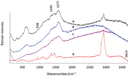 Figure 10: Raman spectra (514 nm excitation) of Kremer neutral verdigris pigment in glair on (A) Whatman No. 1 and (B) UI rag artificially aged for 116 hr. @ 50 °C and 65% RH, compared to (C) verdigris particle on 1513 Rosenwald Collection Ptolemy Geographia and (D) Kremer pigment in gum Arabic on Fe-doped rag paper, artificially aged for 16.5 hr. @ 50 °C and 65% RH. Power at the samples was ~0.05 – 0.6 mW.