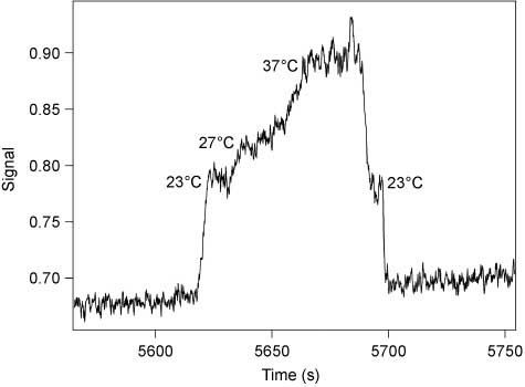 Figure 8 Electropherogram of the signal obtained by a single enzyme molecule in the presence of a 27°C–37°C temperature gradient. A molecule of Escherichia coli β-galactosidase was mobilized through a 50-cm-long, 5-μm internal diameter capillary at an electric field of 200 V cm-1 in the presence of the substrate DDAO-gal. As it traversed the capillary, the incubation temperature was increased in a linear manner from 27°C to 37°C. The buffer was 50 mm HEPES (pH 7.3) containing 1 mm MgCl2 and 1 mm citrate. The substrate concentration was 50 μm. The resultant electropherogram is shown.