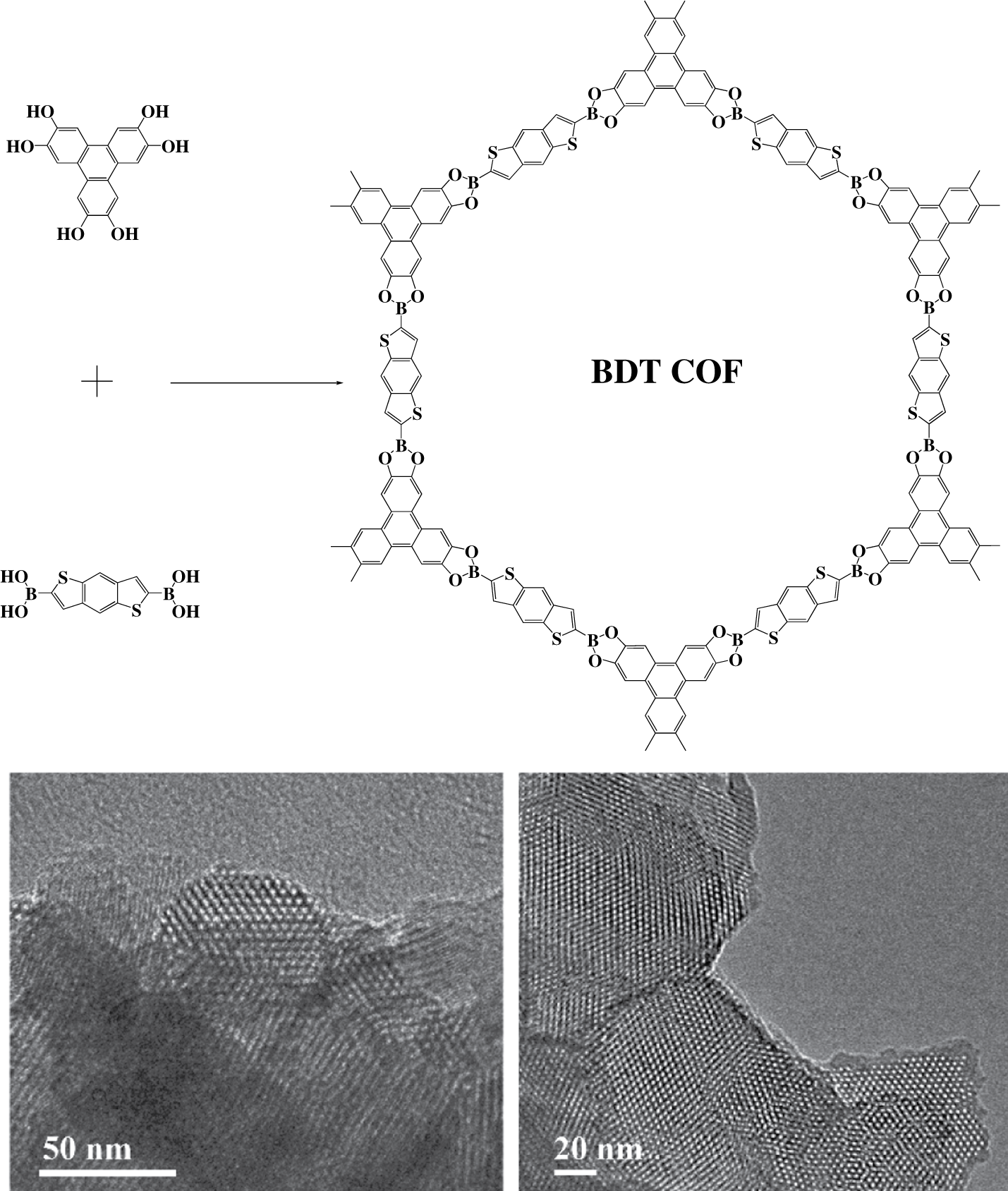 Figure 9: Synthesis reaction and TEM images of BDT-COF.