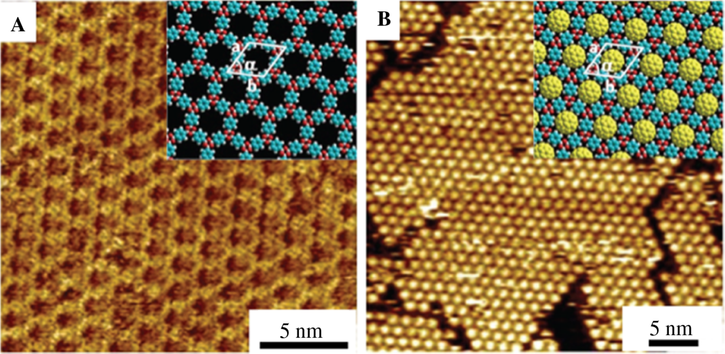 Figure 10: STM images of the COF-1 (A) and its host-guest co-assembly with C60 (B).