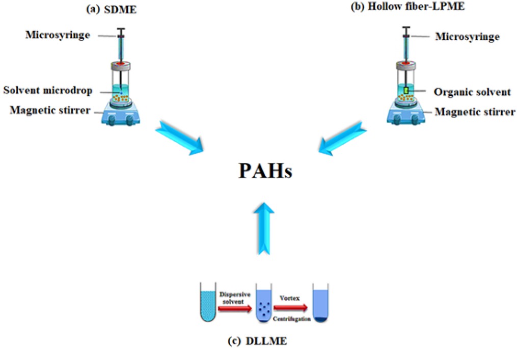 Figure 1 Schematic of different types of LPME techniques: (a) SDME, (b) HF-LPME, and (c) DLLME.