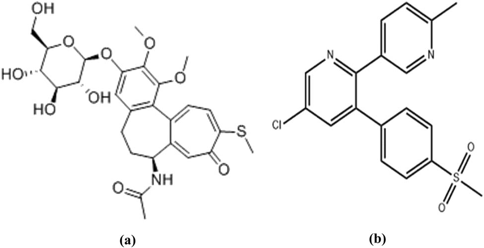 Figure 1 
               Chemical structures of (a) TCC (N-[(7S)-1,2-dimethoxy-10-methylsulfanyl-9-oxo-3-[(2S,3R,4S,5S,6R)-3,4,5-trihydroxy-6-(hydroxymethyl) oxan-2-yl]oxy-6,7-dihydro-5H-benzo[a]heptalen-7-yl] acetamide) and (b) ETXB (5-chloro-2-(6-methylpyridin-3-yl)-3-(methylsulfonyl phenyl) pyridine).
            