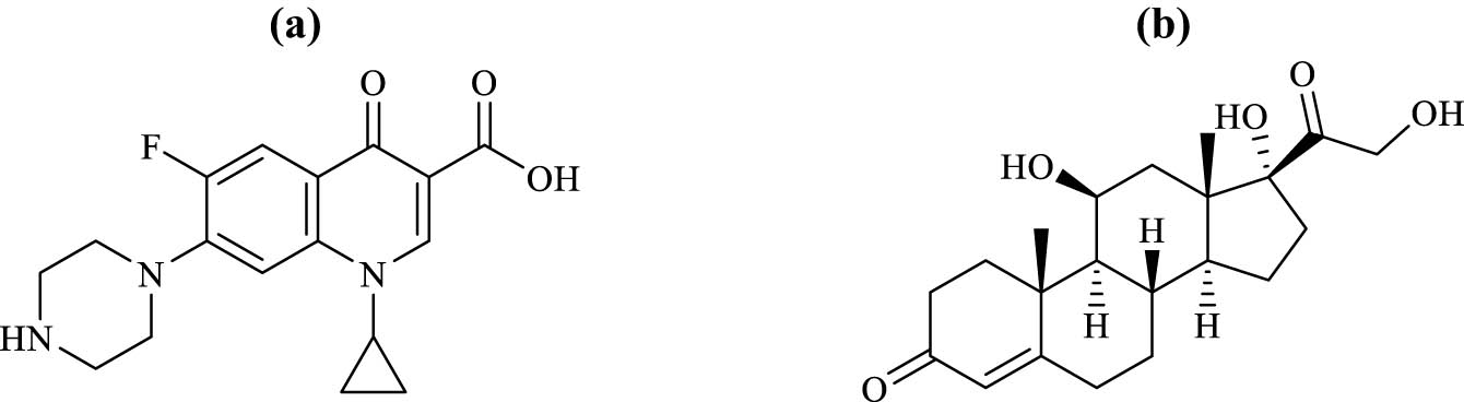 Figure 1 
               Chemical structures of the cited drugs: (a) CIP and (b) HYD.
            