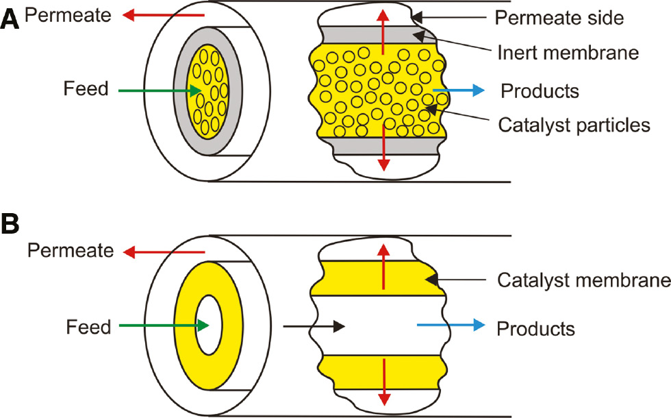 Figure 27: Catalytic membrane reactors: (A) catalytic packed bed, inert membrane; (B) catalyst membrane.
