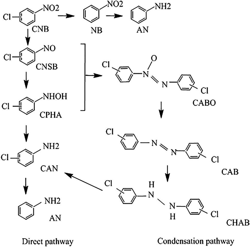 Figure 15: 
Reaction pathways in the hydrogenation of p-CNB to p-CAN. CNSB: chloronitrosobenzene, CPHA: chlorophenylhydroxylamine, CAB: chloroazobenzene, and CHAB: chlorohydrazobenzene, redrawn from Jaf et al. (2018a).

