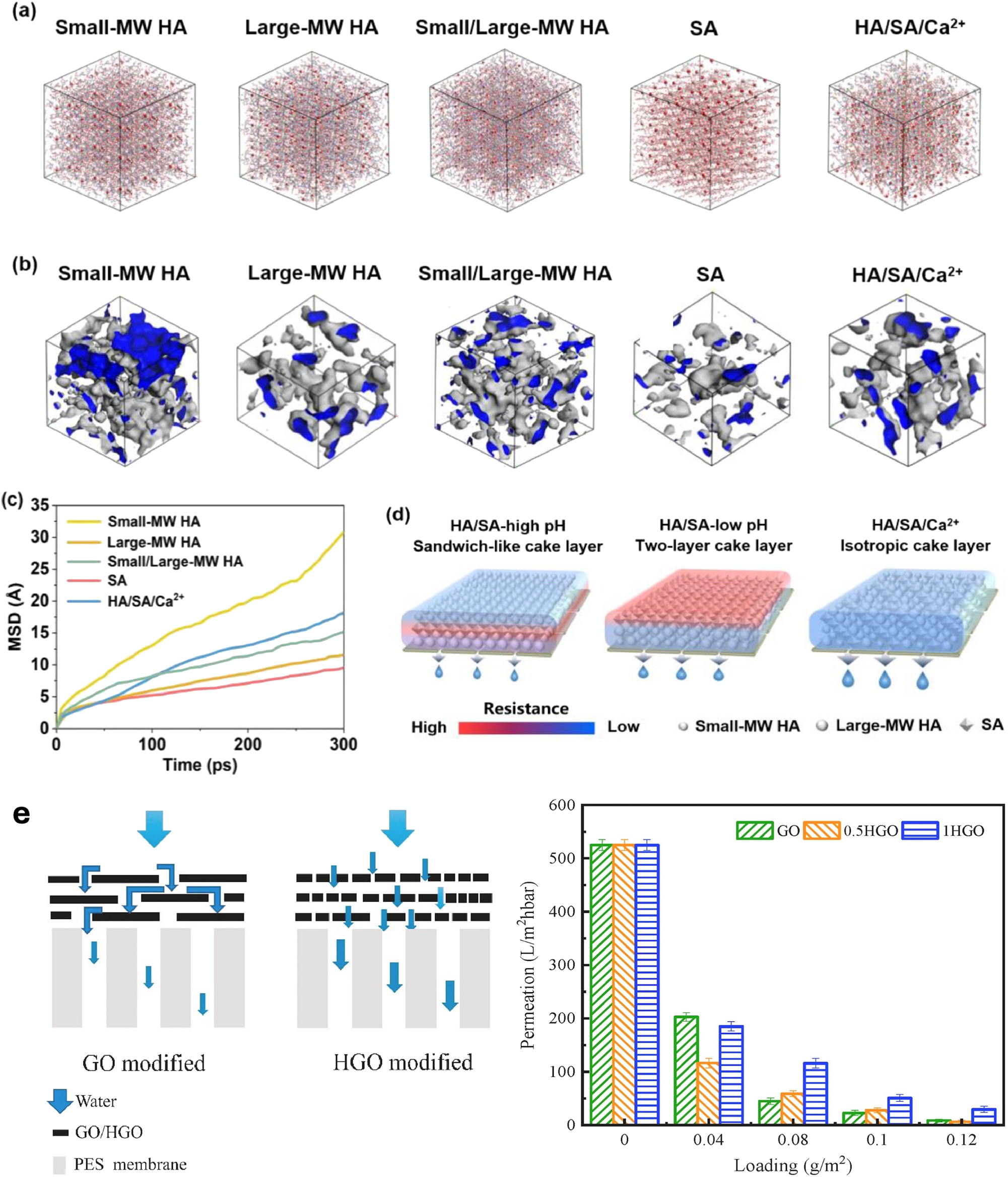 Figure 6: 
Water transport in ultrafiltration membrane. (a) Water molecules with solute contents; (b) free volume or voids in water molecular dynamic simulation; (c) the mean-square displacement (MSD) of water molecules. (d) Distribution of water filtration resistance in various cake layer structures; panels (a–d) reproduced from (Wu et al. 2023) with permission from Elsevier. (e) Water molecule transport through graphene oxide coated UF membrane; reproduced from (Ding et al. 2021) with permission from Elsevier.
