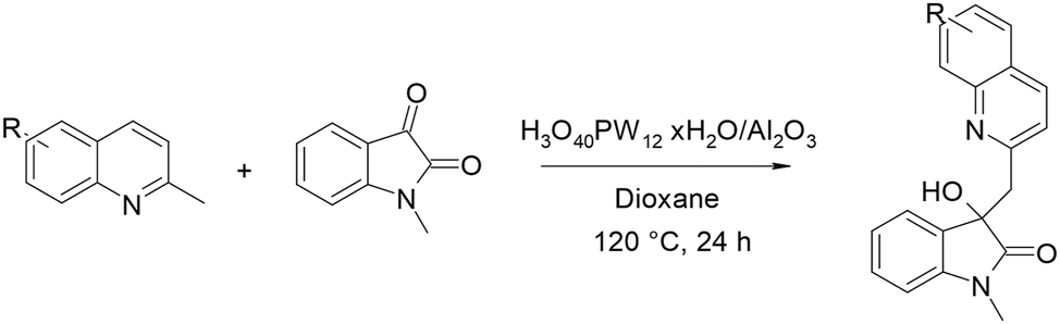 Scheme 18: 
Alumina-supported heteropolyacid as catalyst for the synthesis of azaarene substituted 3-hydroxy-2-oxindole derivatives via C(sp3) H bond functionalization.