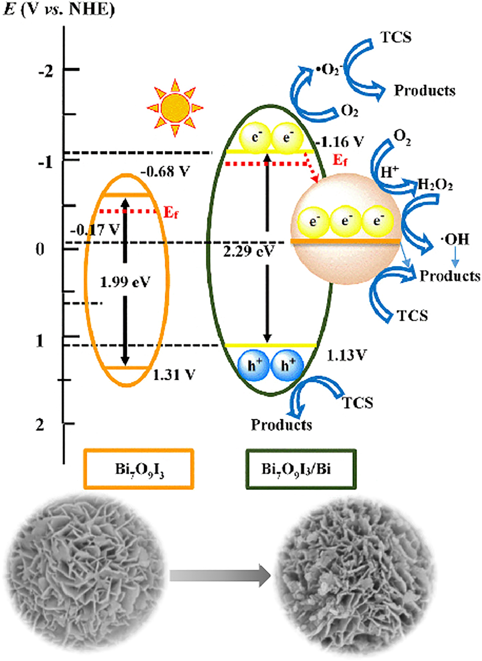 Figure 4: 
Proposed mechanism for separating and transferring photogenerated charge carriers in the Bi7O9I3/Bi nanocomposites (Chang et al. 2021). Reproduced with permission from Elsevier.
