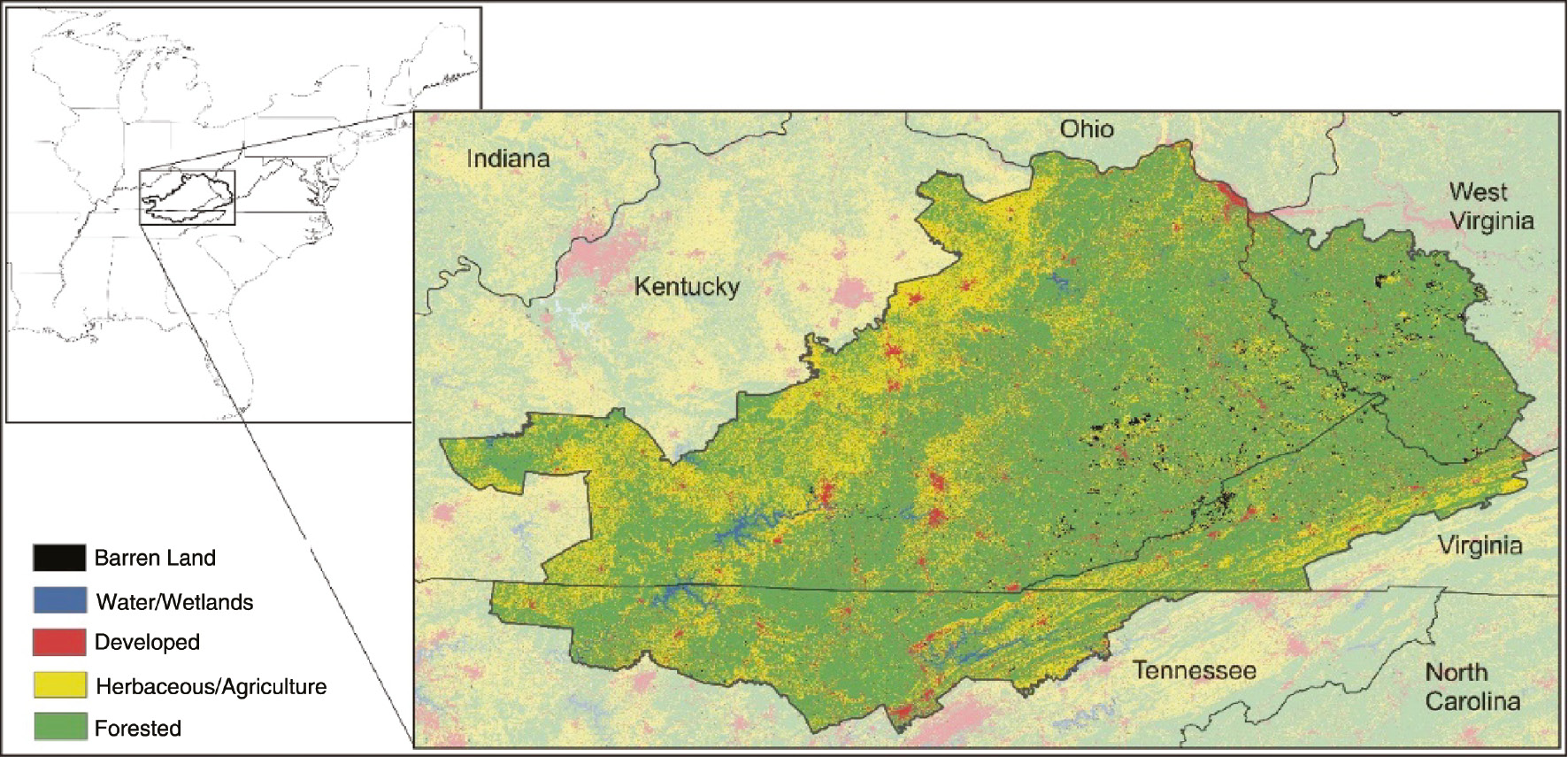 Figure 1: 2011 Land cover of the Central Appalachian region as currently defined by the Appalachian Regional Commission.