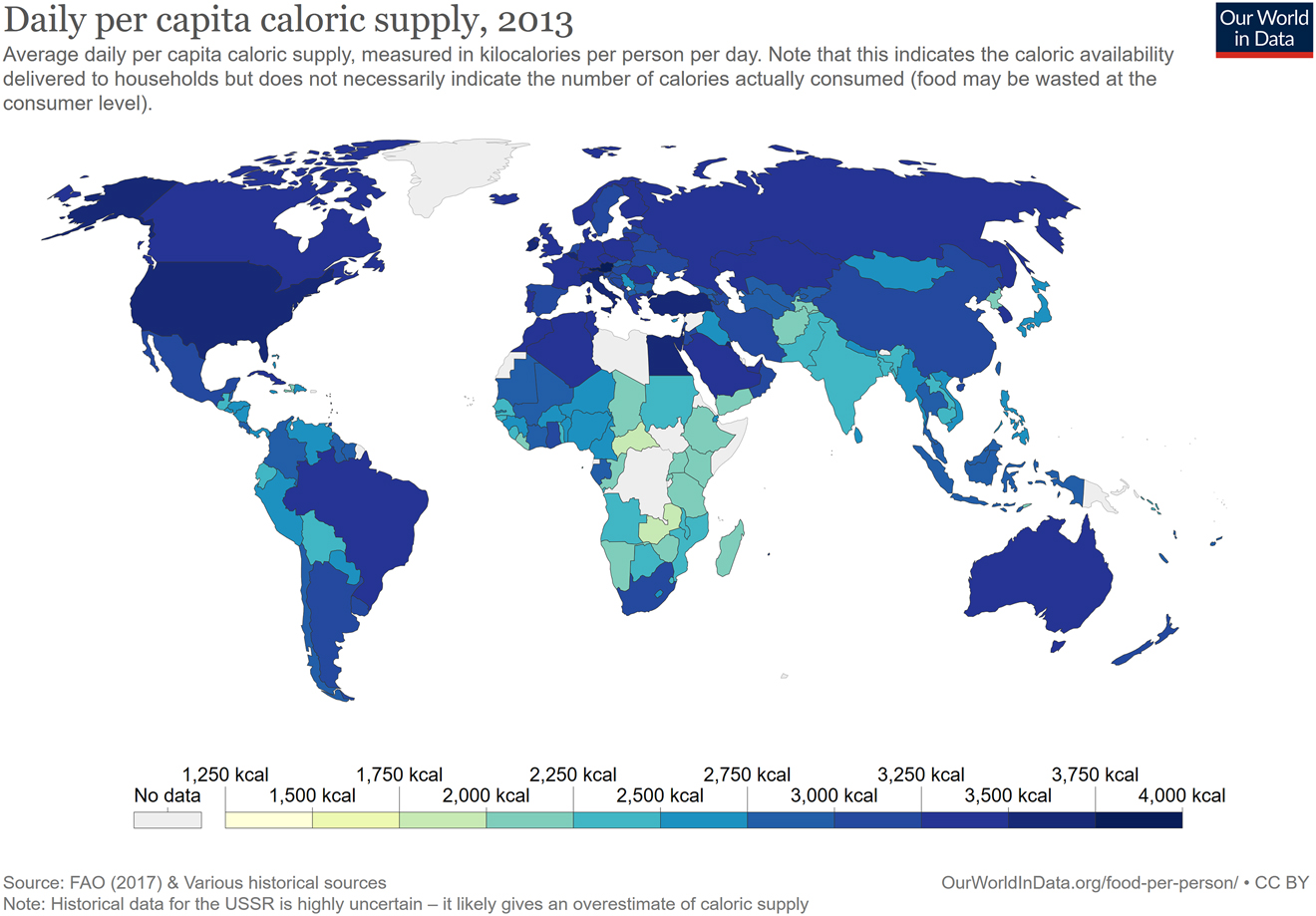 Figure 1: 
Daily per capita protein supply [39]. Map derived based on data from FAO: http://www.fao.org/faostat/en/#data/FBS.
