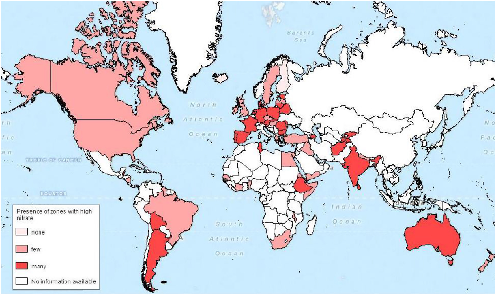 Figure 3: 
Global map with the presence of zones with high nitrate in groundwater.
